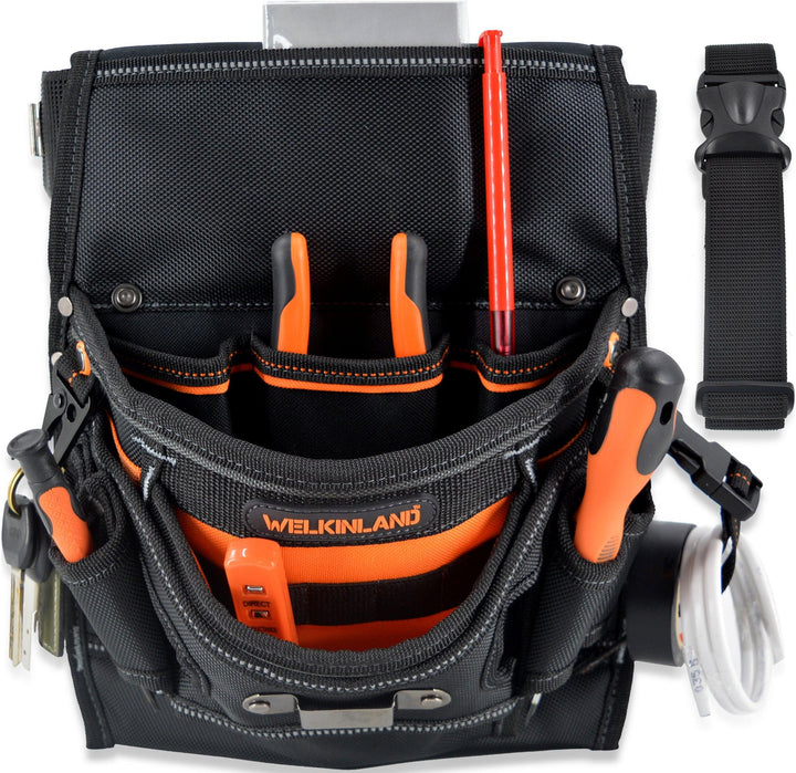 Welkinland 10-Pockets Electrician Tool Pouch for 29-48 Inch waist, Gift Packed, Black with Orange - Welkinland