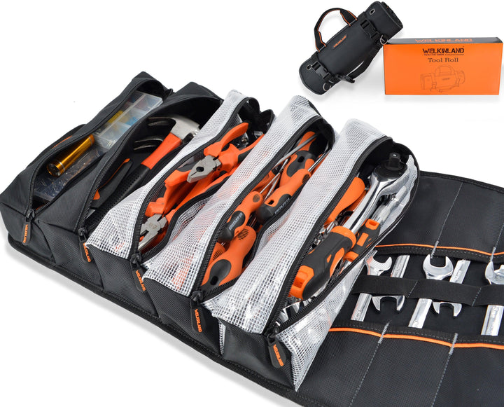 Welkinland 13-Pockets Tool Roll -Gift Packed, Black with Orange - Welkinland