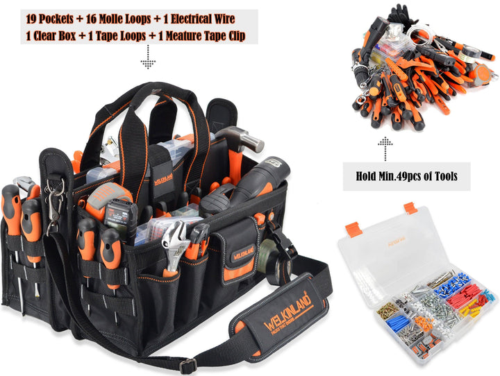 Welkinland 19-Pockets Tool Tote with a clear parts box-16Inch, Gift Packed, Black with Orange - Welkinland
