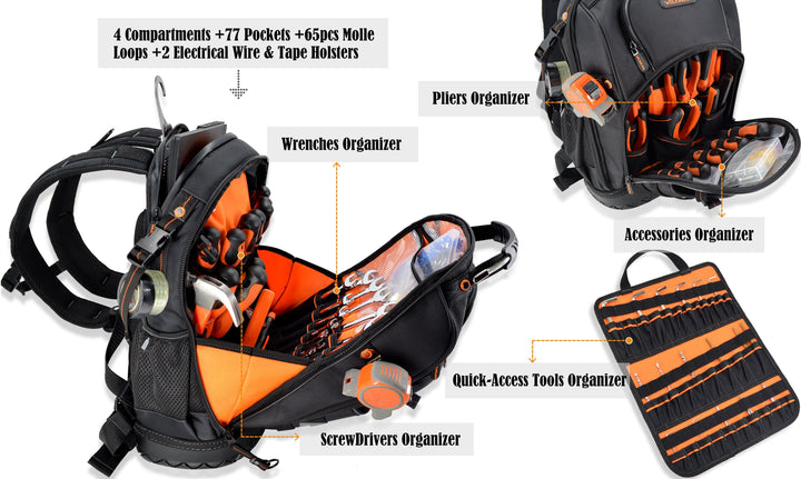 Welkinland 77-Pockets Tool Backpack, Hard-Base, Heavy-Duty Gift Packed, Black with Orange - Welkinland