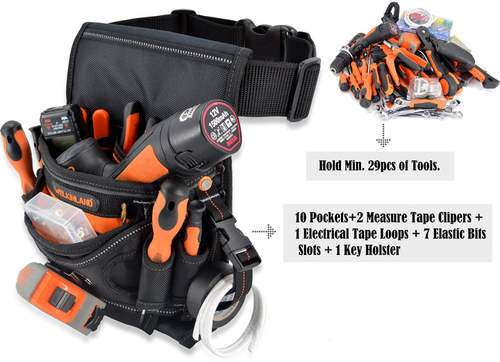 Welkinland 10-Pockets Electrician Tool Pouch for 29-48 Inch waist, Gift Packed, Black with Orange - Welkinland