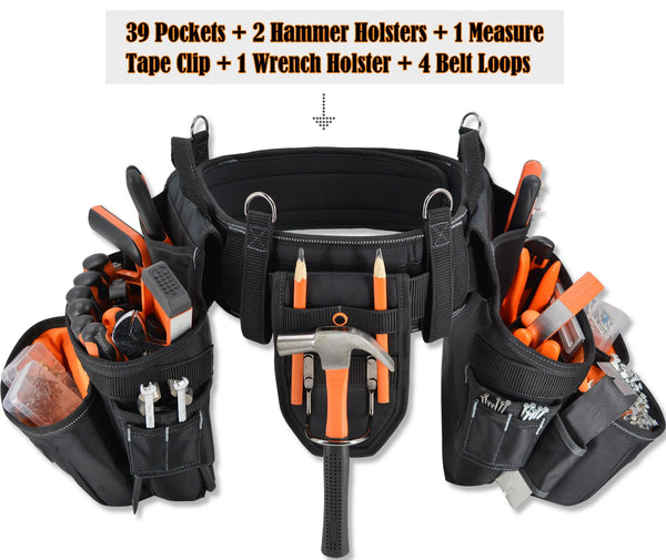 Welkinland 39-Pockets Tool Belt With Suspenders for 29-48 Inch waist, Gift Packed, Black with Orange - Welkinland