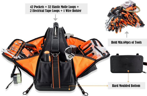 Welkinland 42-Pockets Hard-base Tools Bag-16Inch, Gift Packed, Black/Orange - Welkinland