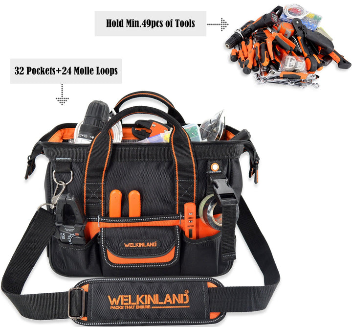 Welkinland 13-Inch Tool Bag, Heavy-Duty, Gift Packed, Black with Orange - Welkinland