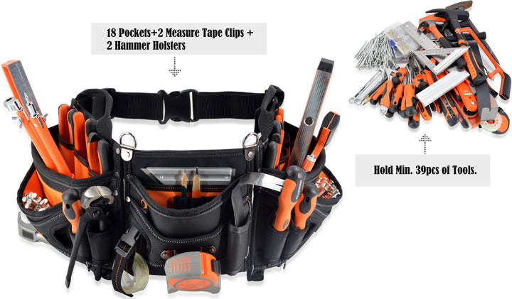 Welkinland 18-Pockets Carpenter Tool Belt for 29-48 Inch waist, Gift Packed, Black with Orange - Welkinland