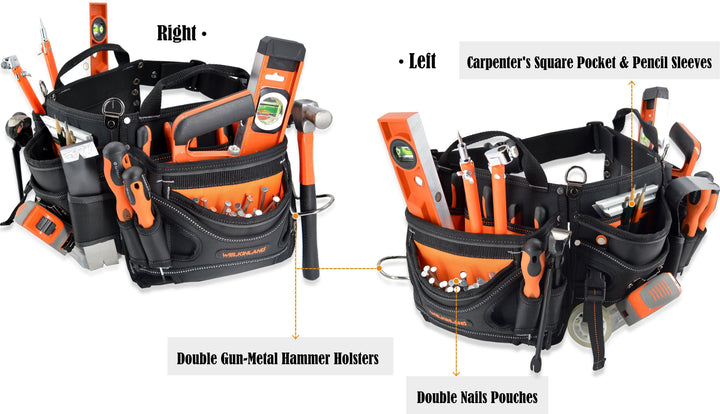 Welkinland 18-Pockets Carpenter Tool Belt for 29-48 Inch waist, Gift Packed, Black with Orange - Welkinland