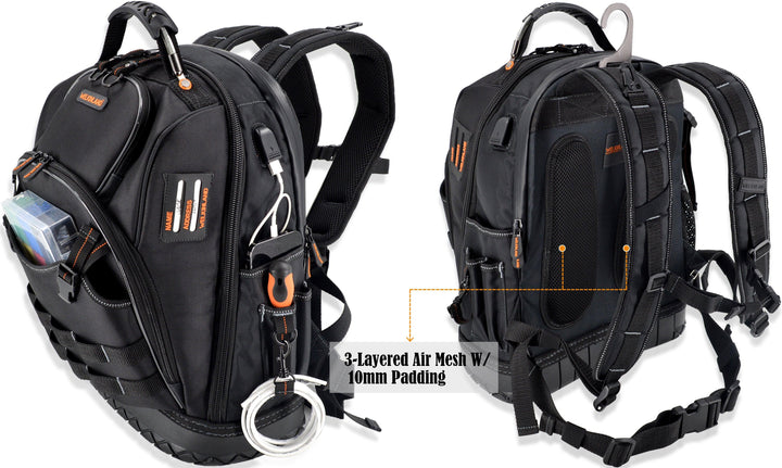 Welkinland 77-Pockets Tool Backpack, Hard-Base, Heavy-Duty Gift Packed, Black with Orange - Welkinland