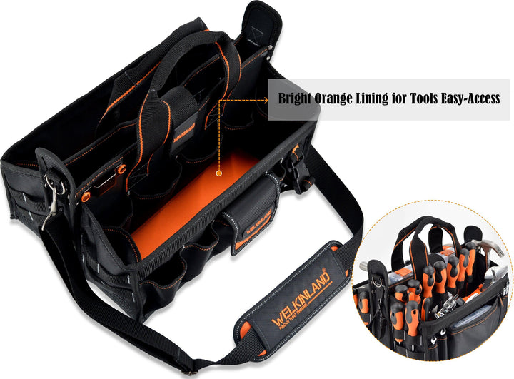 Welkinland 19-Pockets Tool Tote with a clear parts box-16Inch, Gift Packed, Black with Orange - Welkinland