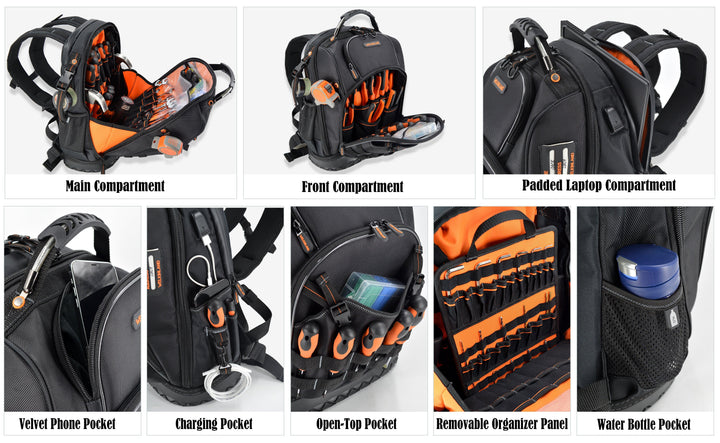 Welkinland 77-Pockets Tool Backpack, Hard-Base, Heavy-Duty Gift Packed, Black with Orange - Welkinland