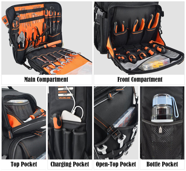 Welkinland Full-Open Tool Bag Backpack-Durable, Gift Packed, Black with Orange - Welkinland