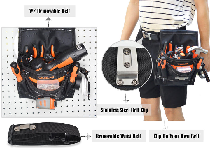 Welkinland 10-Pockets Electrician Tool Pouch for 29-48 Inch waist, Gift Packed, Black with Orange - Welkinland