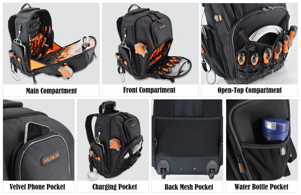 Welkinland 72Pockets Rolling Tool Backpack, 21Inch Large, Gift Packed, Black with Orange - Welkinland