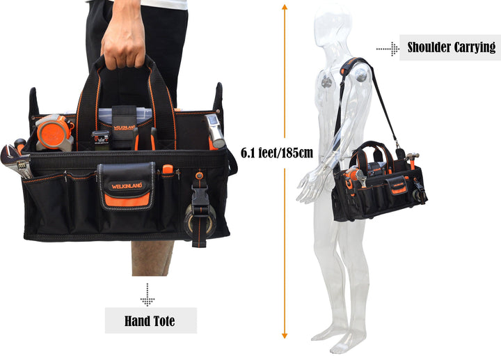Welkinland 19-Pockets Tool Tote with a clear parts box-16Inch, Gift Packed, Black with Orange - Welkinland
