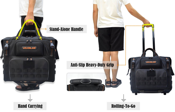 Welkinland 46Pockets Rolling Tool Bag-26Inch tool bag with trolley, Black with Orange - Welkinland