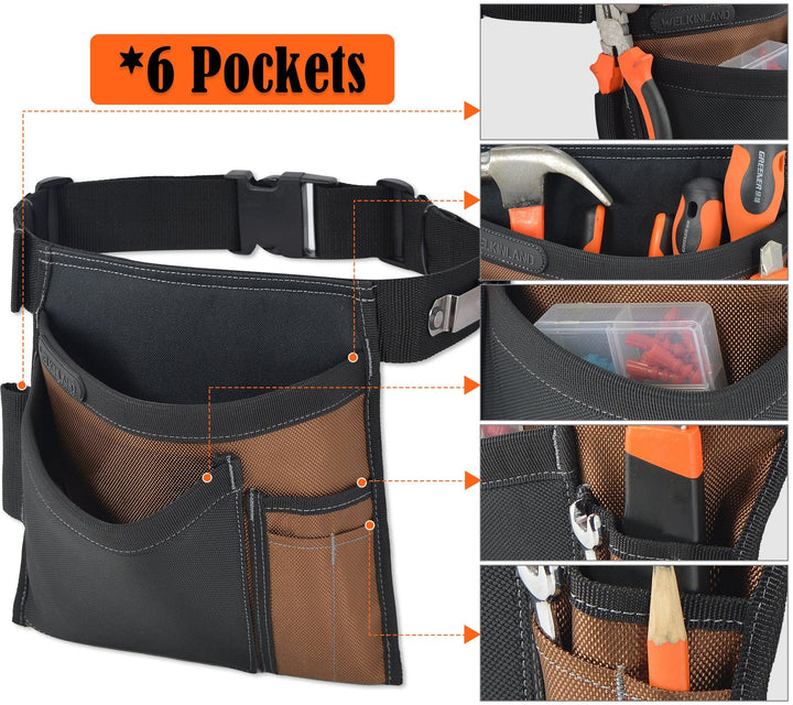 Welkinland 6-Pockets Tool Belt Pouch for 29-48 Inch waist, Gift Packed, Brown with Black - Welkinland