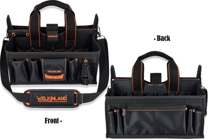 Welkinland 19-Pockets Tool Tote with a clear parts box-16Inch, Gift Packed, Black with Orange - Welkinland