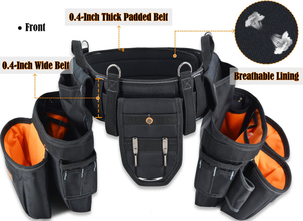 Welkinland 39-Pockets Tool Belt With Suspenders for 29-48 Inch waist, Gift Packed, Black with Orange - Welkinland