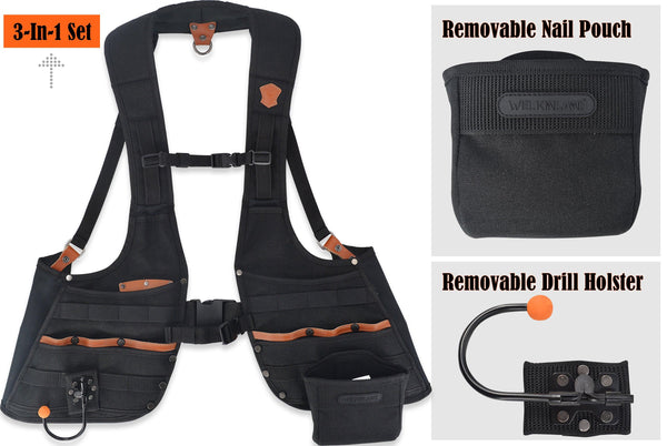 Welkinland Heavy-Duty Leather Tool Vest, 3pcs set including Tool pouch and drill hook - Welkinland