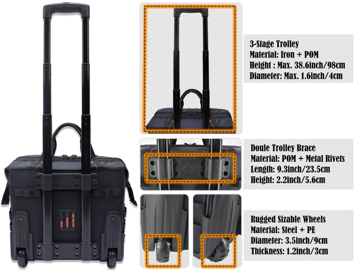 Welkinland 46Pockets Rolling Tool Bag-26Inch tool bag with trolley, Black with Orange - Welkinland