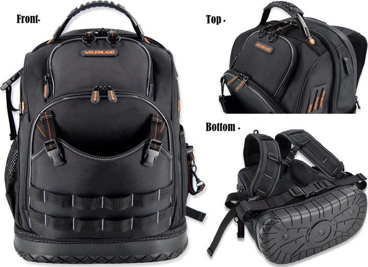 Welkinland 77-Pockets Tool Backpack, Hard-Base, Heavy-Duty Gift Packed, Black with Orange - Welkinland