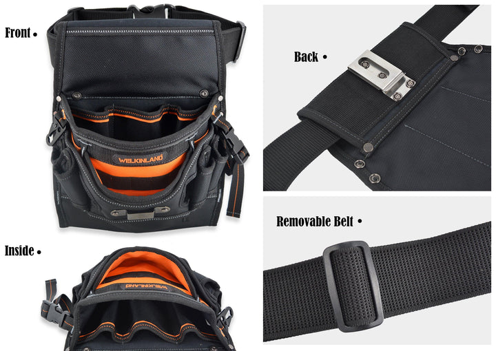 Welkinland 10-Pockets Electrician Tool Pouch for 29-48 Inch waist, Gift Packed, Black with Orange - Welkinland