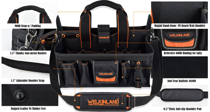Welkinland 19-Pockets Tool Tote with a clear parts box-16Inch, Gift Packed, Black with Orange - Welkinland