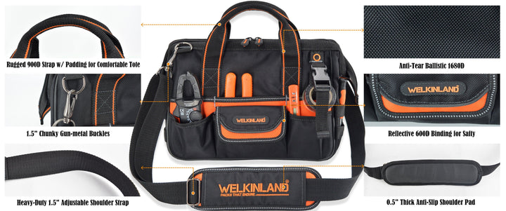 Welkinland 13-Inch Tool Bag, Heavy-Duty, Gift Packed, Black with Orange - Welkinland