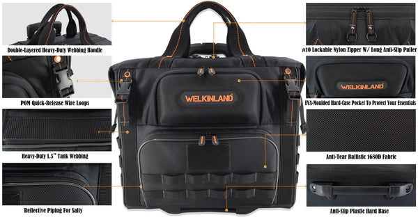 Welkinland 46Pockets Rolling Tool Bag-26Inch tool bag with trolley, Black with Orange - Welkinland