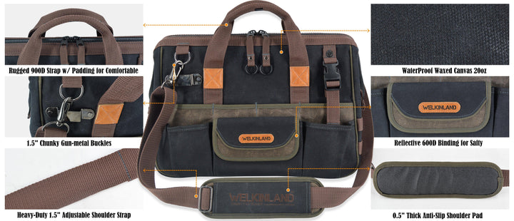 Welkinland 32-Pockets Wax-Canvas Tool Bag-16Inch-Gift Packed - Welkinland