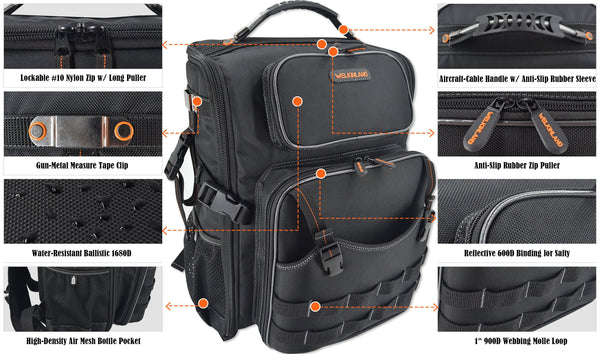 Welkinland Full-Open Tool Bag Backpack-Durable, Gift Packed, Black with Orange - Welkinland