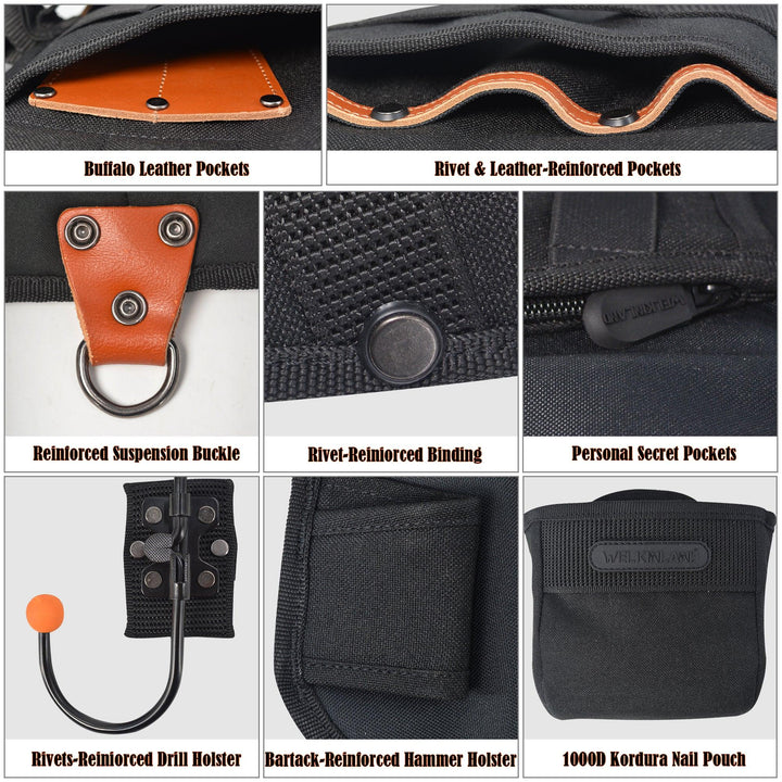 Welkinland Heavy-Duty Leather Tool Vest, 3pcs set including Tool pouch and drill hook - Welkinland