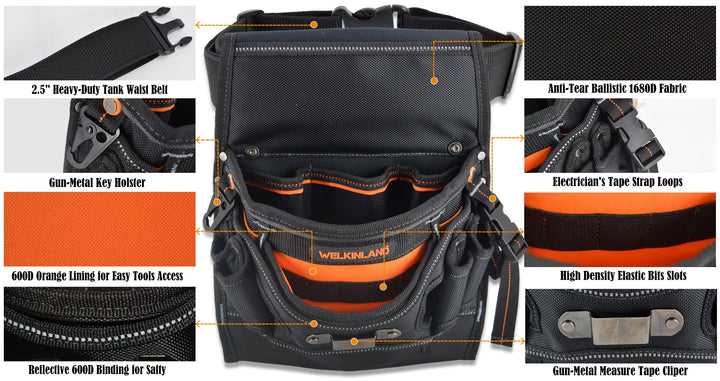 Welkinland 10-Pockets Electrician Tool Pouch for 29-48 Inch waist, Gift Packed, Black with Orange - Welkinland