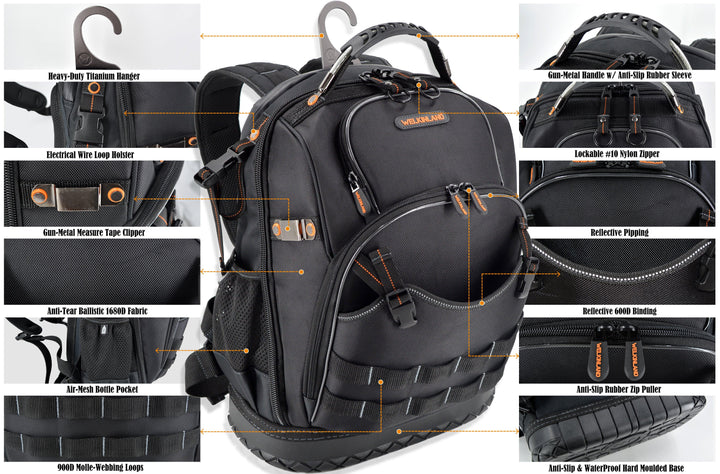 Welkinland 77-Pockets Tool Backpack, Hard-Base, Heavy-Duty Gift Packed, Black with Orange - Welkinland