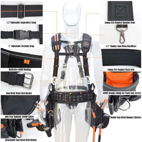 Welkinland 11PCS-Set Tool Belt With Suspenders for 29-48 Inch waist, Gift Packed, Black with Orange - Welkinland