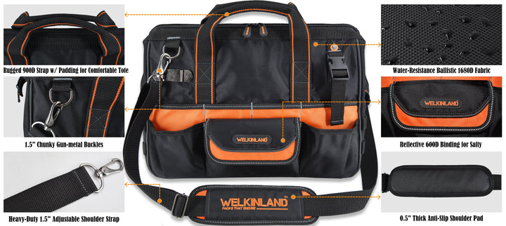 Welkinland 34-Pockets Tools Bag-16Inch, Gift Packed, Black with Orange - Welkinland