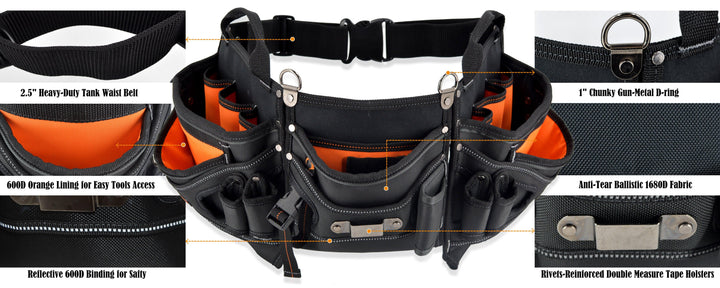 Welkinland 18-Pockets Carpenter Tool Belt for 29-48 Inch waist, Gift Packed, Black with Orange - Welkinland