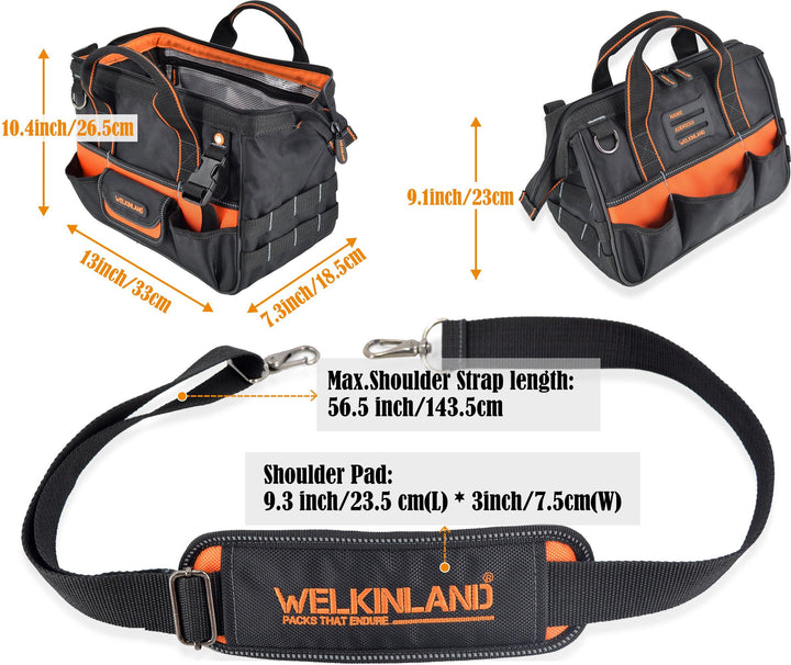 Welkinland 13-Inch Tool Bag, Heavy-Duty, Gift Packed, Black with Orange - Welkinland