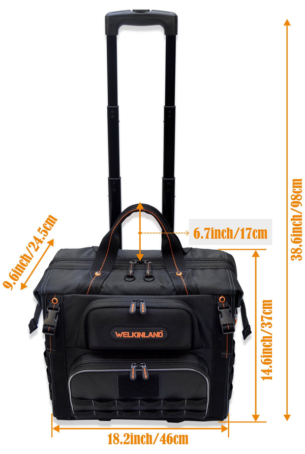Welkinland 46Pockets Rolling Tool Bag-26Inch tool bag with trolley, Black with Orange - Welkinland
