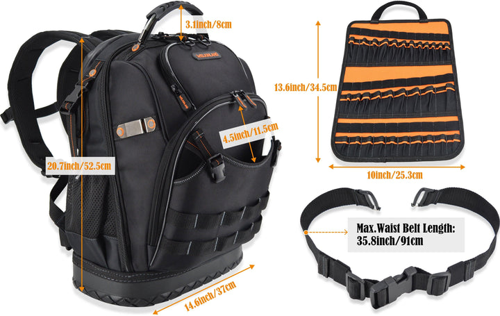 Welkinland 77-Pockets Tool Backpack, Hard-Base, Heavy-Duty Gift Packed, Black with Orange - Welkinland