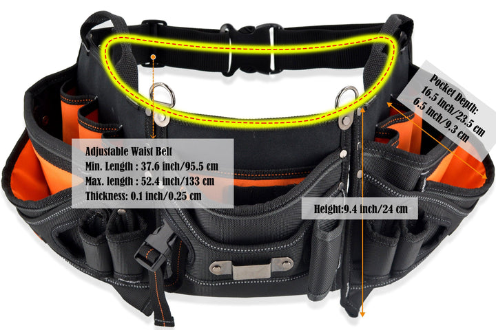 Welkinland 18-Pockets Carpenter Tool Belt for 29-48 Inch waist, Gift Packed, Black with Orange - Welkinland