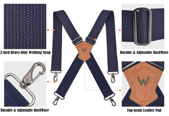 Welkinland Navy 2 Inch Wide Suspenders w/ Hooks-Gift packed, Comfortable and heavy-duty - Welkinland