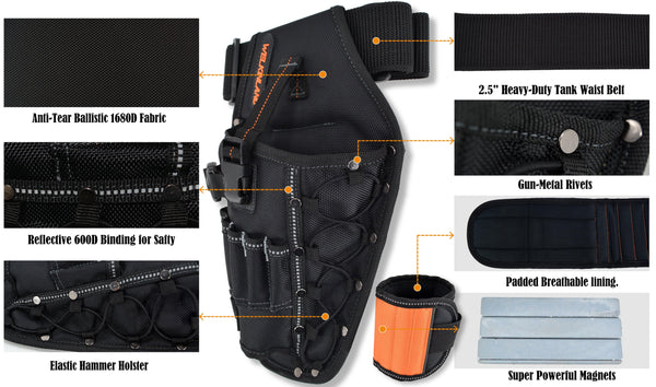 Welkinland 3In1 Drill Holster, includes a magnetic wristband, Gift Packed, Black with Orange - Welkinland