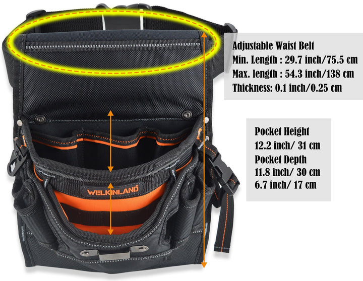 Welkinland 10-Pockets Electrician Tool Pouch for 29-48 Inch waist, Gift Packed, Black with Orange - Welkinland