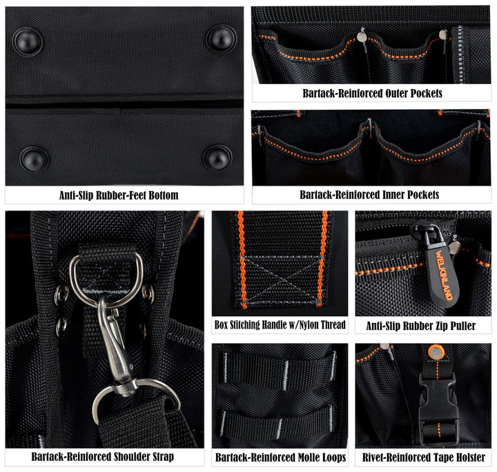 Welkinland 19-Pockets Tool Tote with a clear parts box-16Inch, Gift Packed, Black with Orange - Welkinland