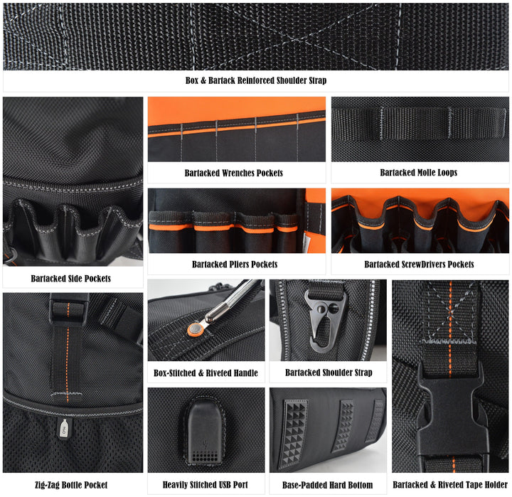 Welkinland Full-Open Tool Bag Backpack-Durable, Gift Packed, Black with Orange - Welkinland