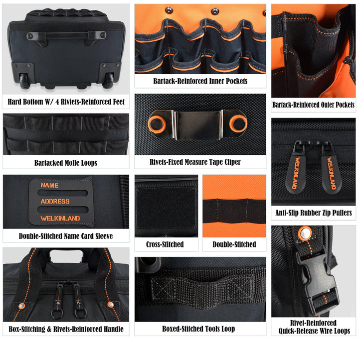 Welkinland 46Pockets Rolling Tool Bag-26Inch tool bag with trolley, Black with Orange - Welkinland