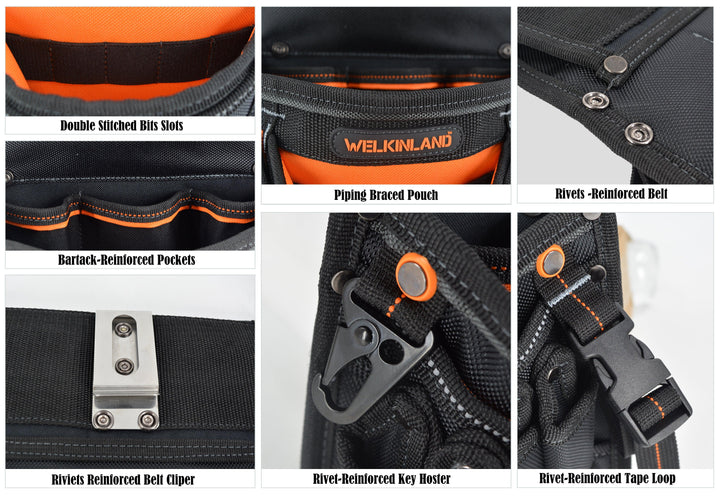Welkinland 10-Pockets Electrician Tool Pouch for 29-48 Inch waist, Gift Packed, Black with Orange - Welkinland