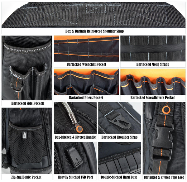 Welkinland 77-Pockets Tool Backpack, Hard-Base, Heavy-Duty Gift Packed, Black with Orange - Welkinland
