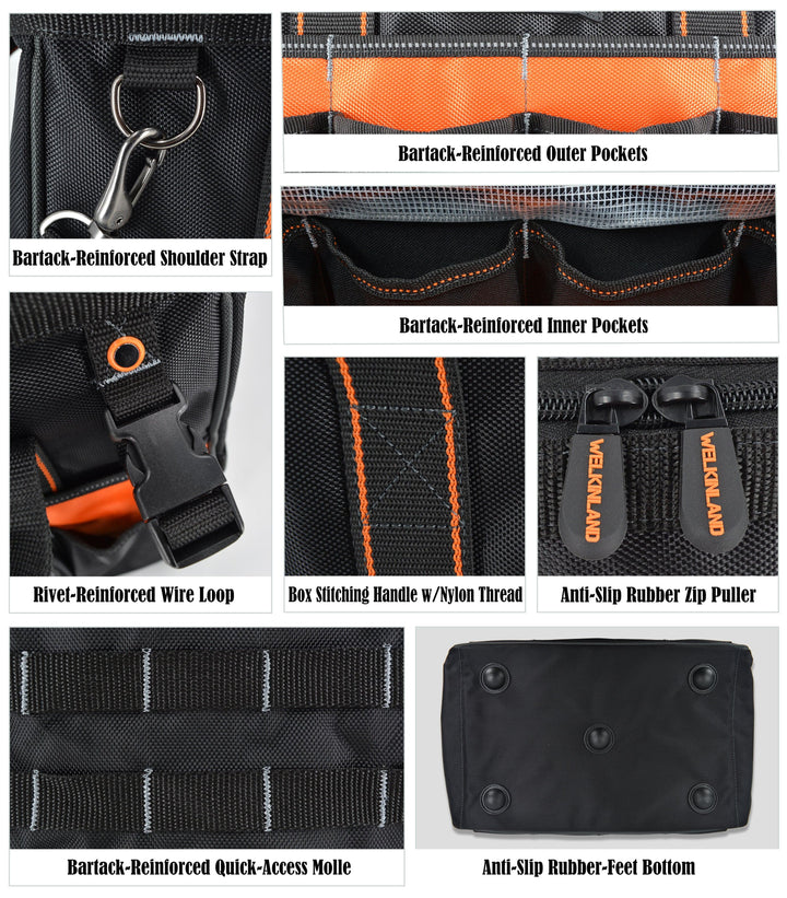 Welkinland 34-Pockets Tools Bag-16Inch, Gift Packed, Black with Orange - Welkinland