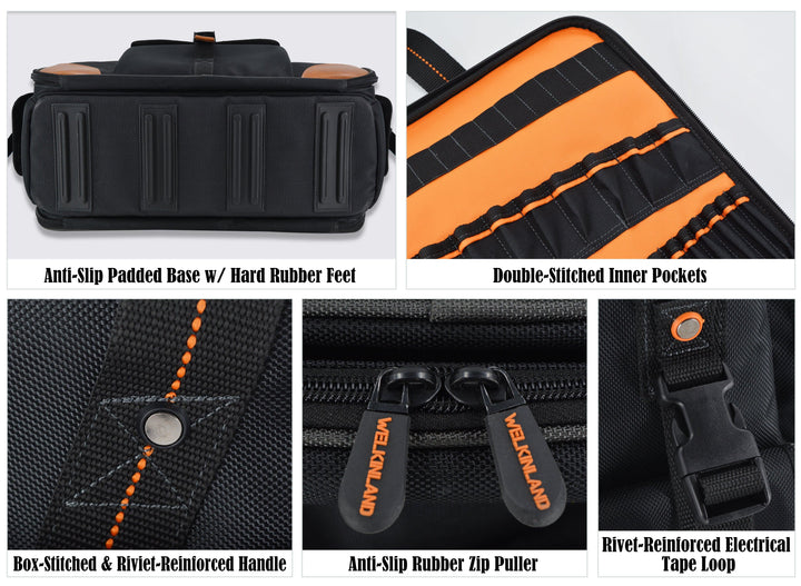 Welkinland 88-Pockets Electrician Tool Bag-16Inch, Gift Packed, Black with Orange - Welkinland
